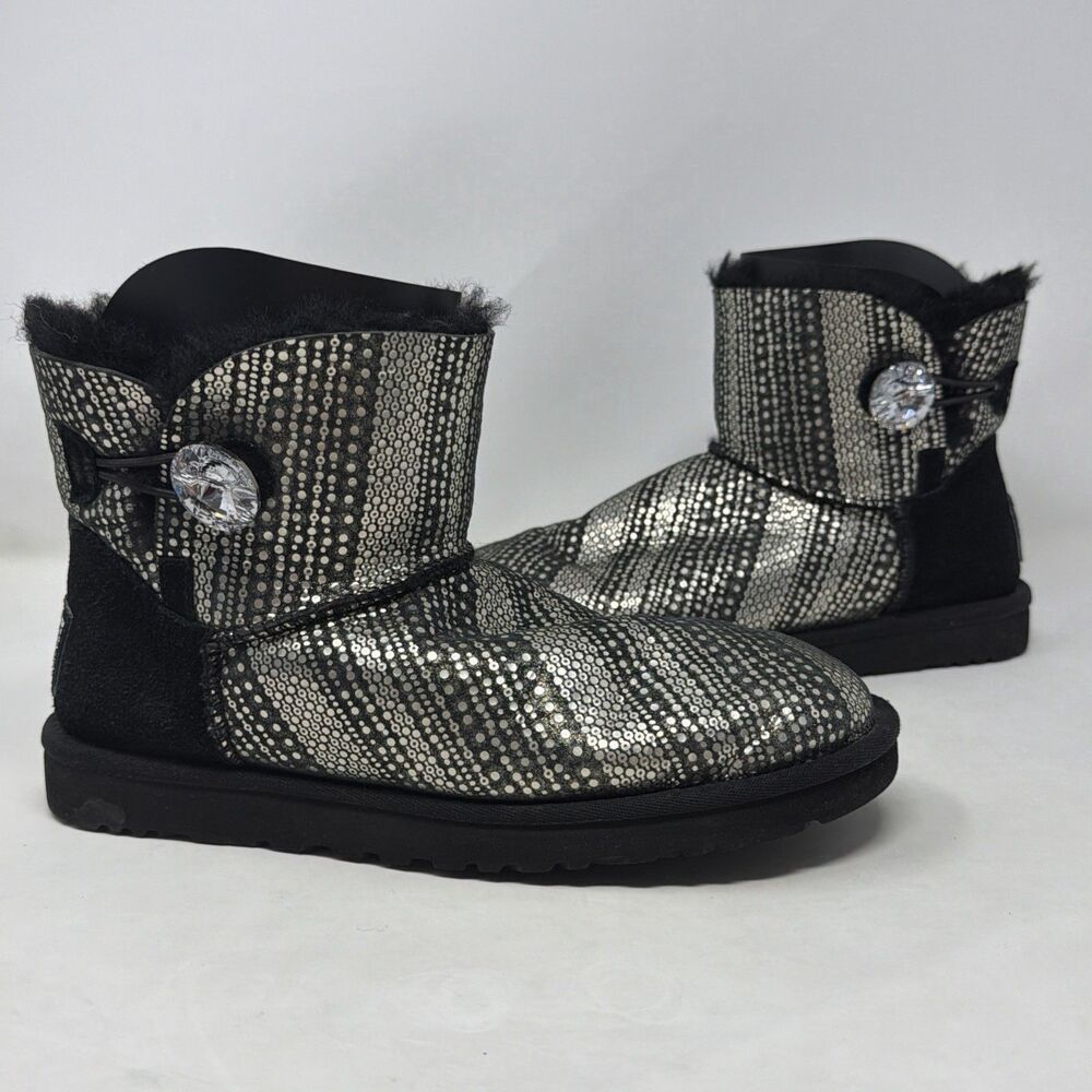 UGG Bailey Button Bling Mini Womens 7 Black Silver Sequin Boots 1003735